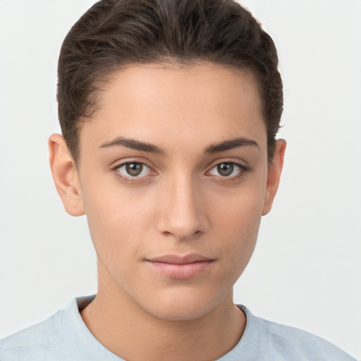 Neutral white young-adult female with short  brown hair and brown eyes