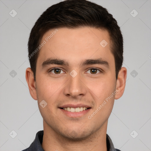 Joyful white young-adult male with short  brown hair and brown eyes