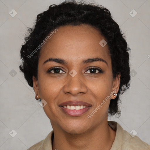 Joyful black young-adult female with short  black hair and brown eyes