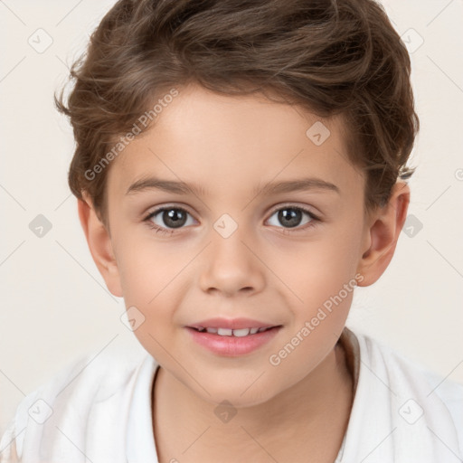 Joyful white child male with short  brown hair and brown eyes