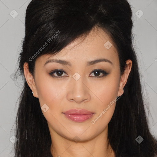 Joyful asian young-adult female with long  brown hair and brown eyes