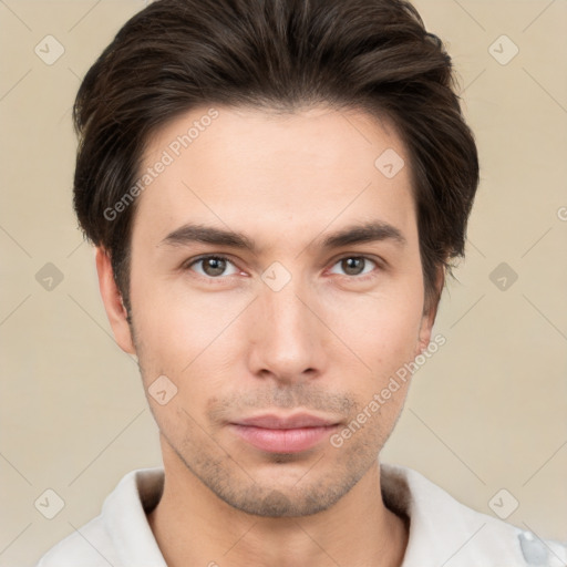 Neutral white young-adult male with short  brown hair and brown eyes