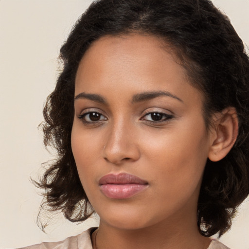 Neutral white young-adult female with medium  brown hair and brown eyes