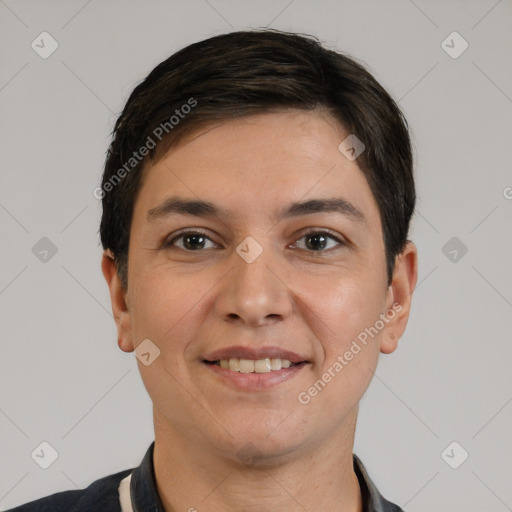 Joyful white young-adult female with short  brown hair and brown eyes