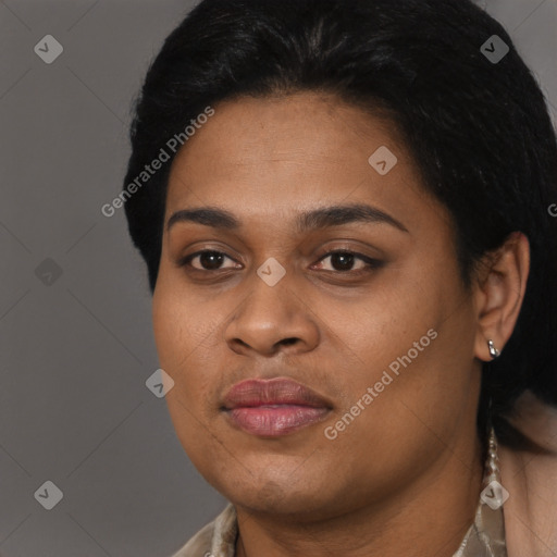 Joyful black young-adult female with short  black hair and brown eyes