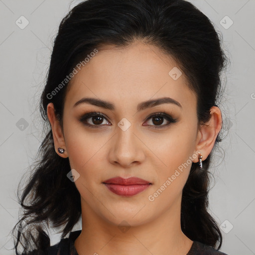 Joyful latino young-adult female with long  brown hair and brown eyes