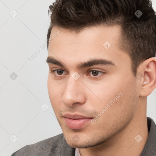 Neutral white young-adult male with short  brown hair and brown eyes