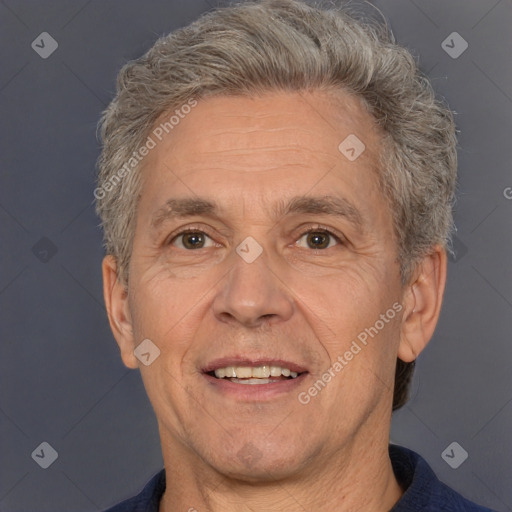 Joyful white middle-aged male with short  brown hair and brown eyes