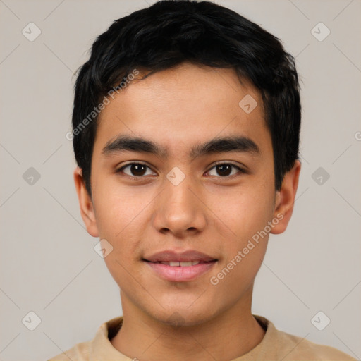 Joyful asian young-adult male with short  black hair and brown eyes