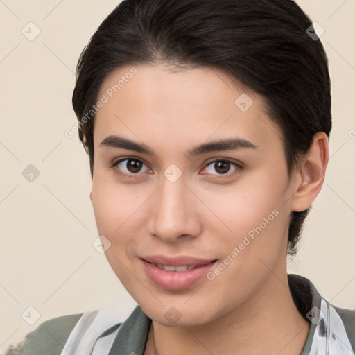 Joyful white young-adult female with medium  brown hair and brown eyes