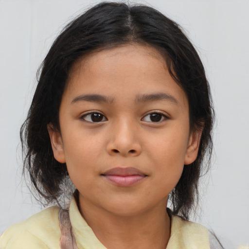 Neutral latino child female with medium  brown hair and brown eyes