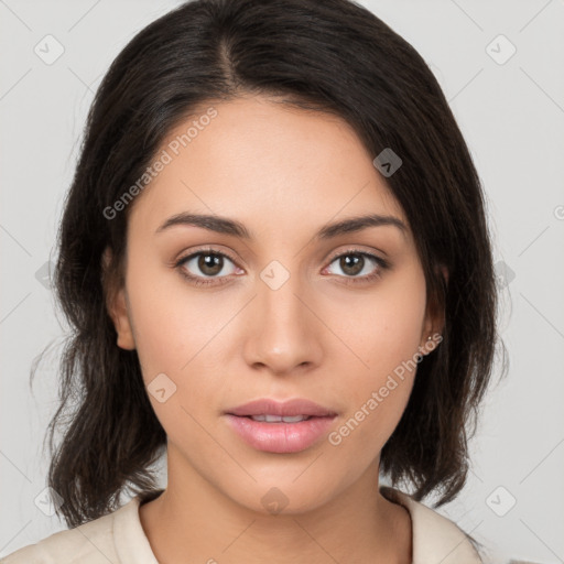 Neutral white young-adult female with medium  brown hair and brown eyes