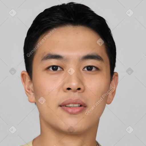 Neutral asian young-adult male with short  black hair and brown eyes