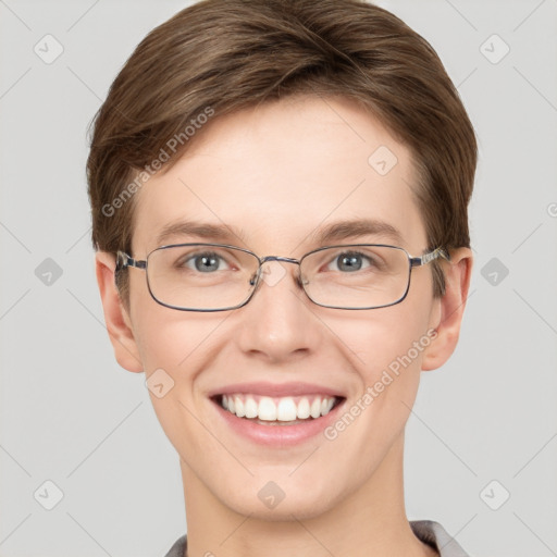 Joyful white young-adult female with short  brown hair and grey eyes