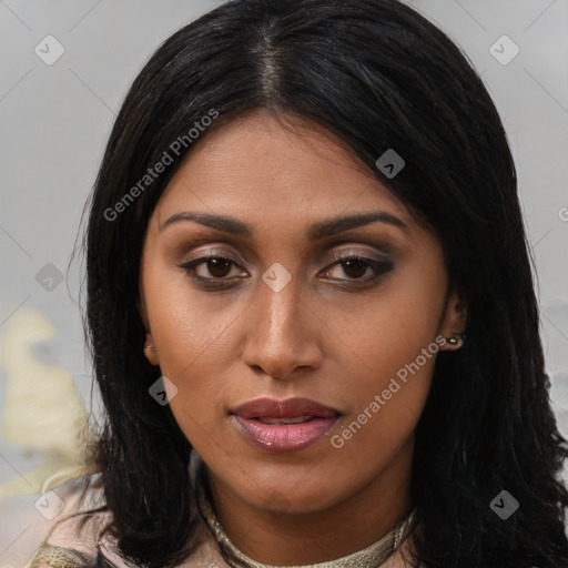 Joyful asian young-adult female with long  brown hair and brown eyes