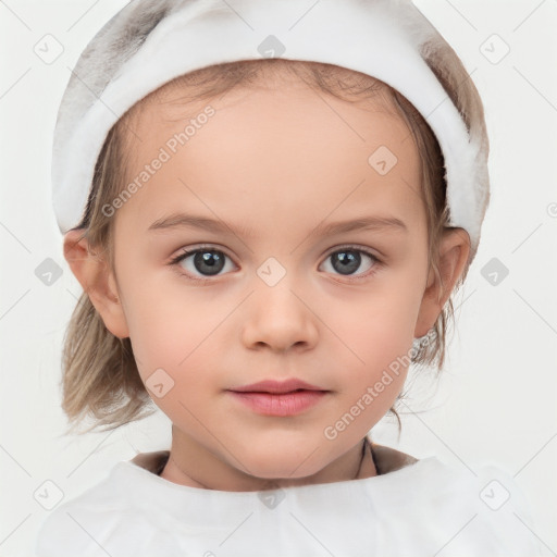 Neutral white child female with medium  brown hair and grey eyes