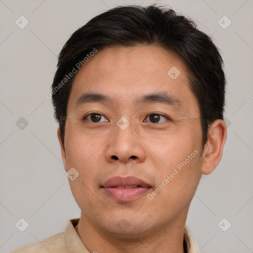 Neutral asian young-adult male with short  brown hair and brown eyes