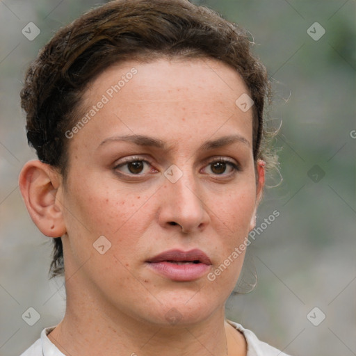 Neutral white young-adult female with short  brown hair and brown eyes