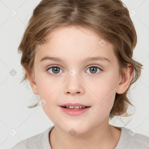 Joyful white child female with medium  brown hair and brown eyes