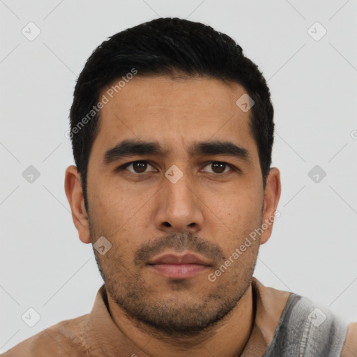 Neutral asian young-adult male with short  black hair and brown eyes