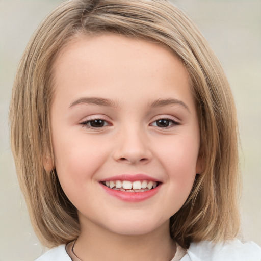 Joyful white child female with medium  brown hair and brown eyes