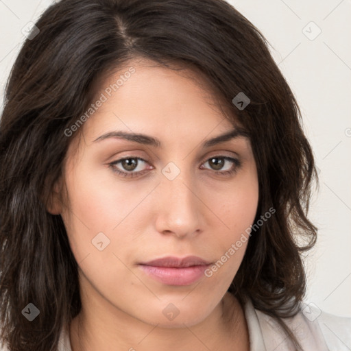 Neutral white young-adult female with medium  brown hair and brown eyes