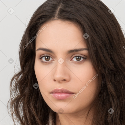 Neutral white young-adult female with long  brown hair and brown eyes