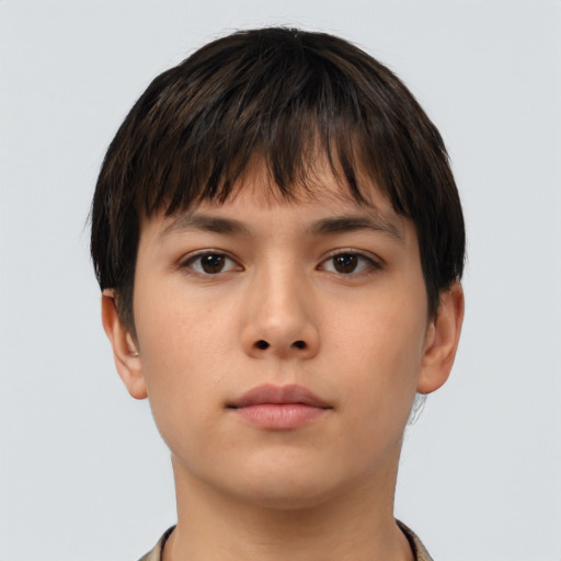 Neutral asian young-adult female with short  brown hair and brown eyes