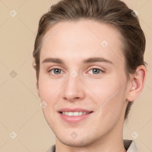 Joyful white young-adult female with short  brown hair and grey eyes