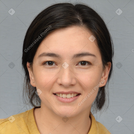 Joyful white young-adult female with medium  brown hair and brown eyes