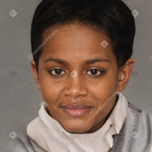 Joyful black young-adult female with short  black hair and brown eyes