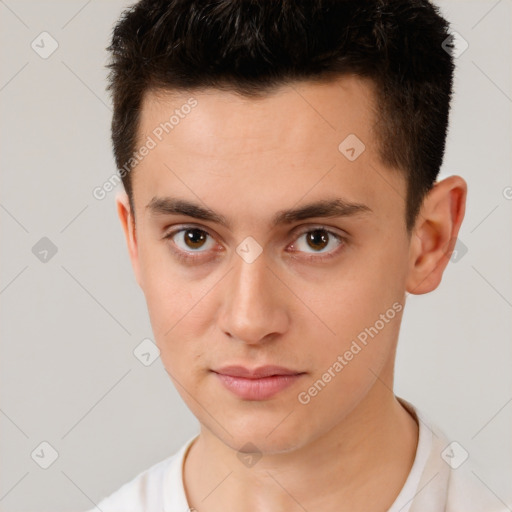 Neutral white young-adult male with short  brown hair and brown eyes