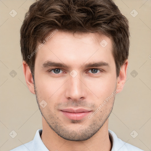 Neutral white young-adult male with short  brown hair and grey eyes