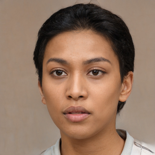 Neutral asian young-adult female with short  black hair and brown eyes