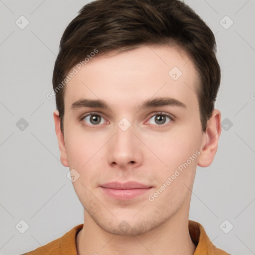 Neutral white young-adult male with short  brown hair and brown eyes