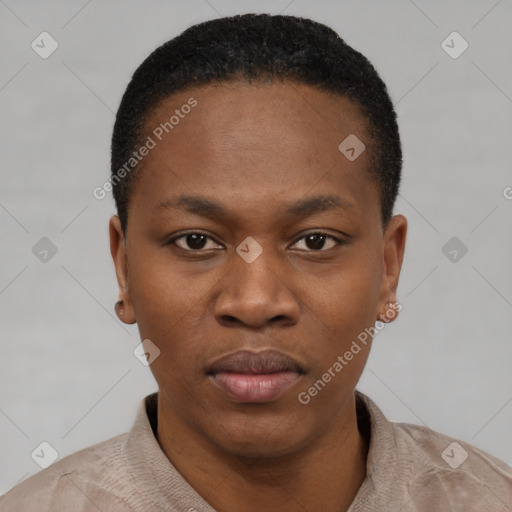 Neutral black young-adult female with short  black hair and brown eyes