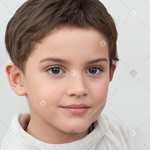 Joyful white child female with short  brown hair and brown eyes