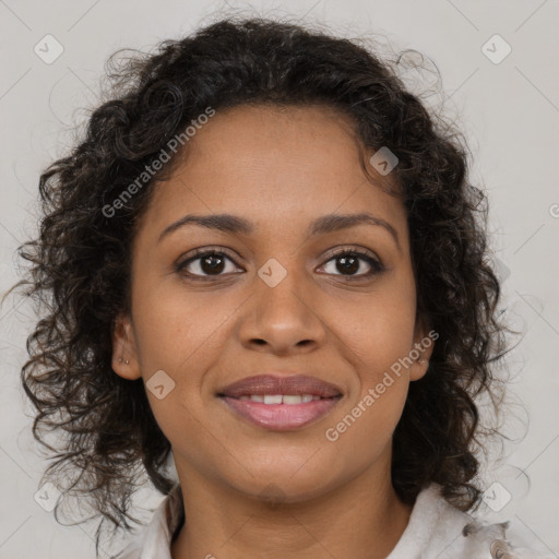 Joyful black young-adult female with medium  brown hair and brown eyes