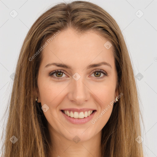 Joyful white young-adult female with long  brown hair and green eyes