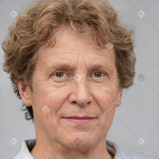 Joyful white middle-aged male with short  brown hair and brown eyes