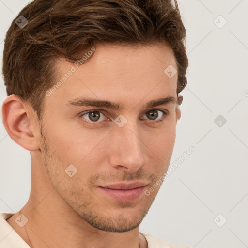 Neutral white young-adult male with short  brown hair and brown eyes