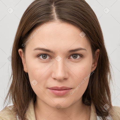 Neutral white young-adult female with long  brown hair and brown eyes