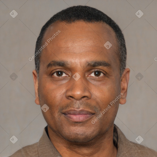 Joyful black adult male with short  black hair and brown eyes