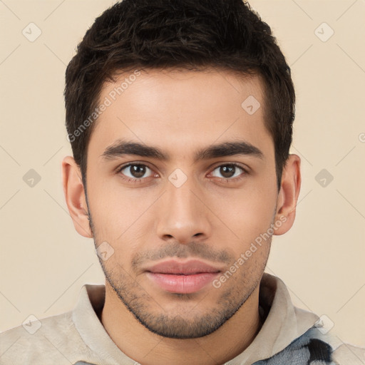 Neutral white young-adult male with short  brown hair and brown eyes