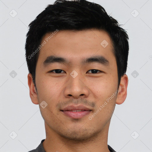 Neutral asian young-adult male with short  black hair and brown eyes