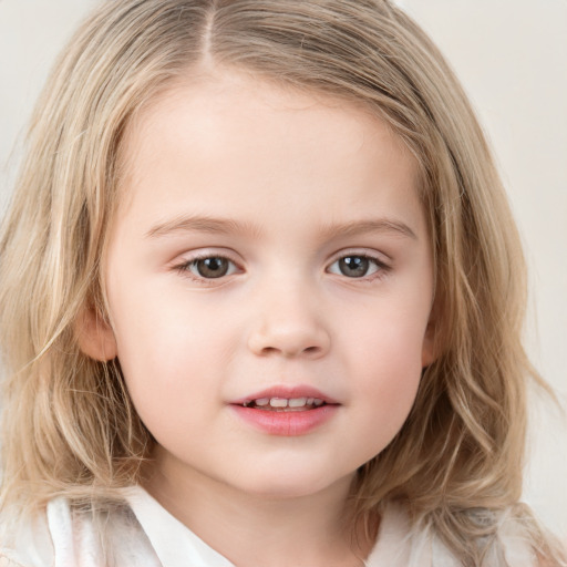 Neutral white child female with medium  brown hair and blue eyes