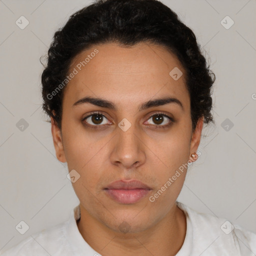 Neutral latino young-adult female with short  brown hair and brown eyes