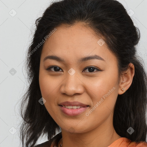 Joyful latino young-adult female with long  brown hair and brown eyes