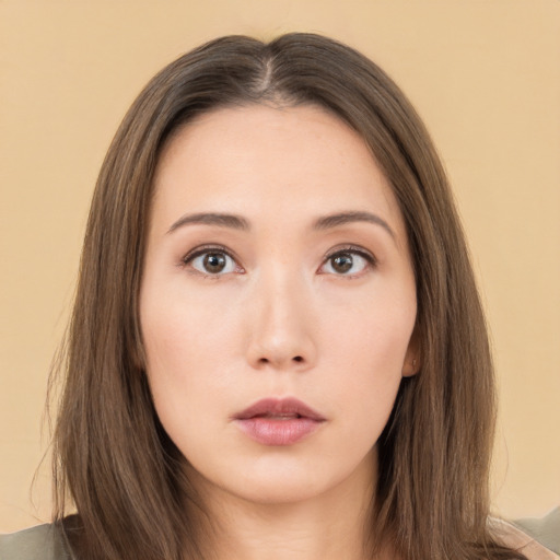 Neutral asian young-adult female with long  brown hair and brown eyes