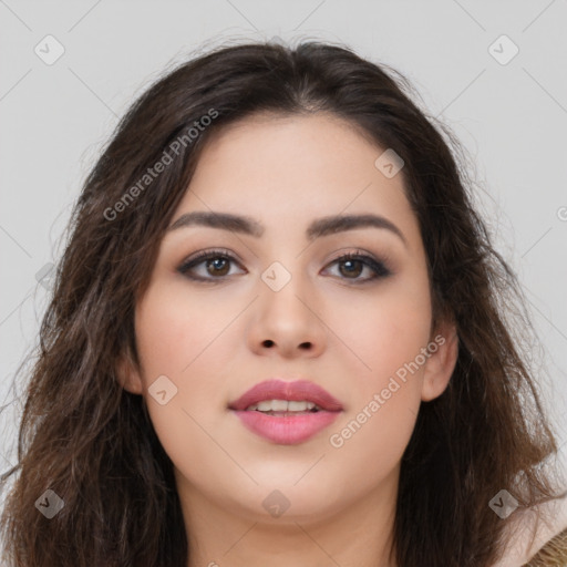 Neutral asian young-adult female with long  brown hair and brown eyes